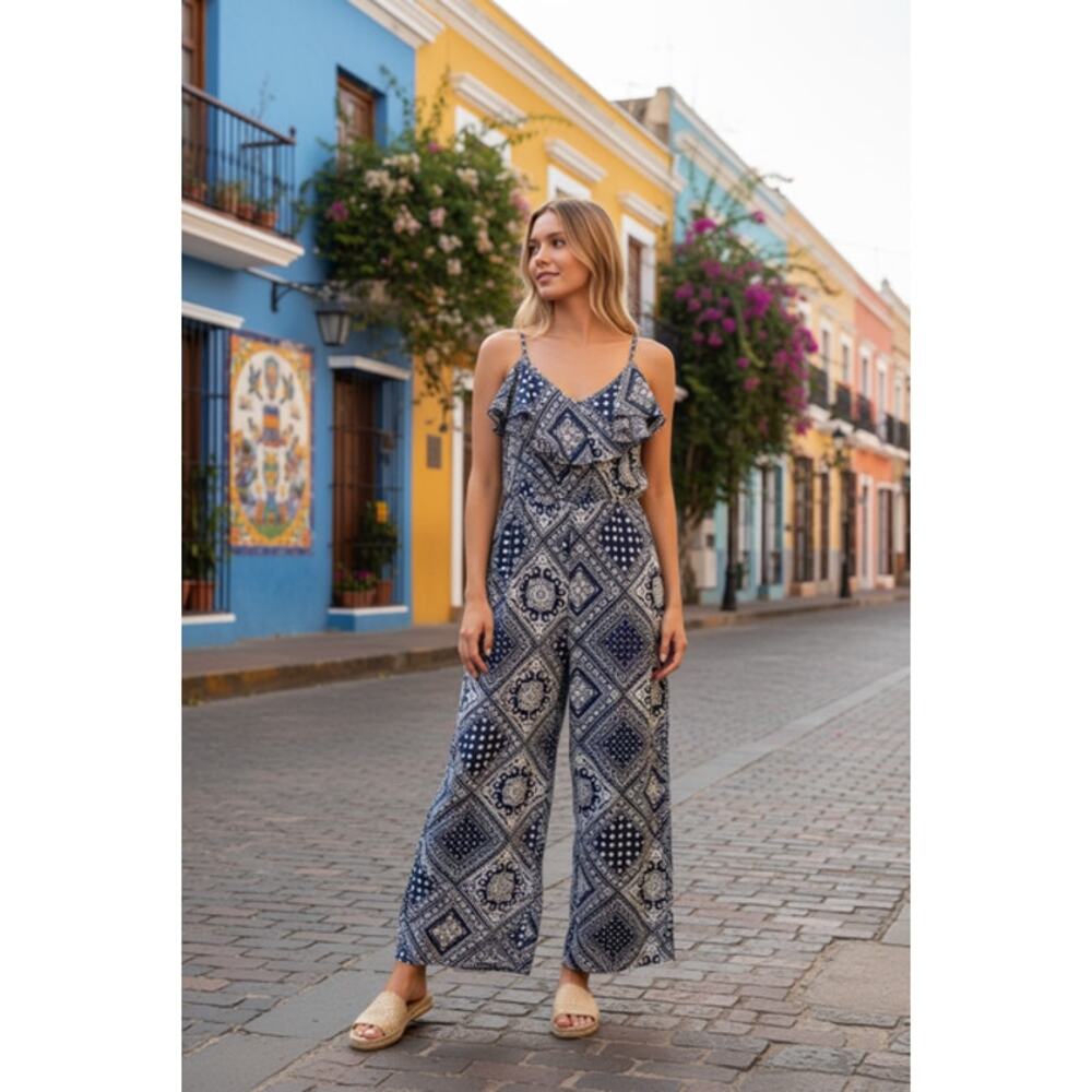 Made With Love - Ruffle V-Neck Navy Blue Jumpsuit - Medium